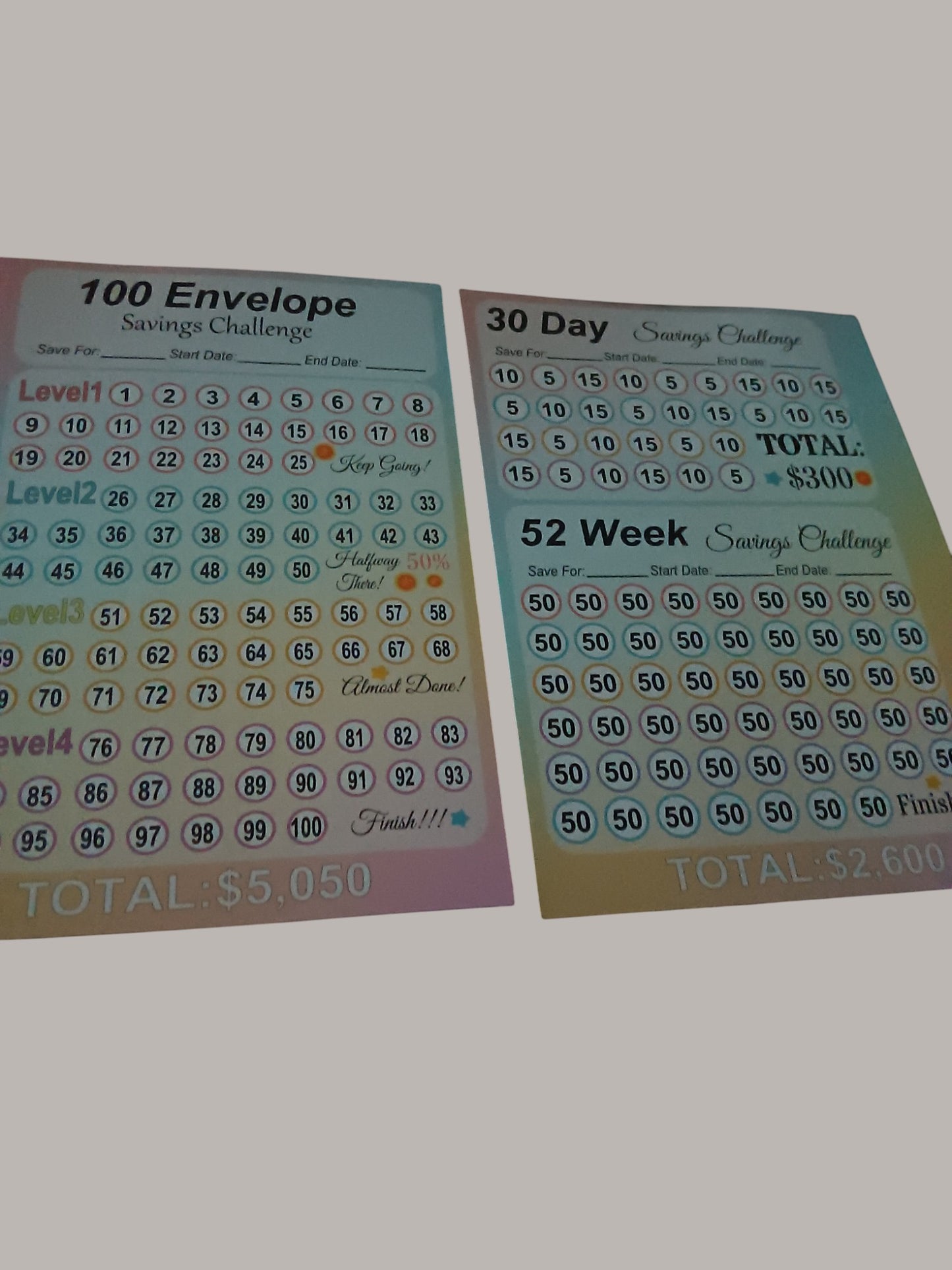 Triple Savings Challenge Card – 100 Envelope, 30 Day & 52 Week Challenge Double-Sided)