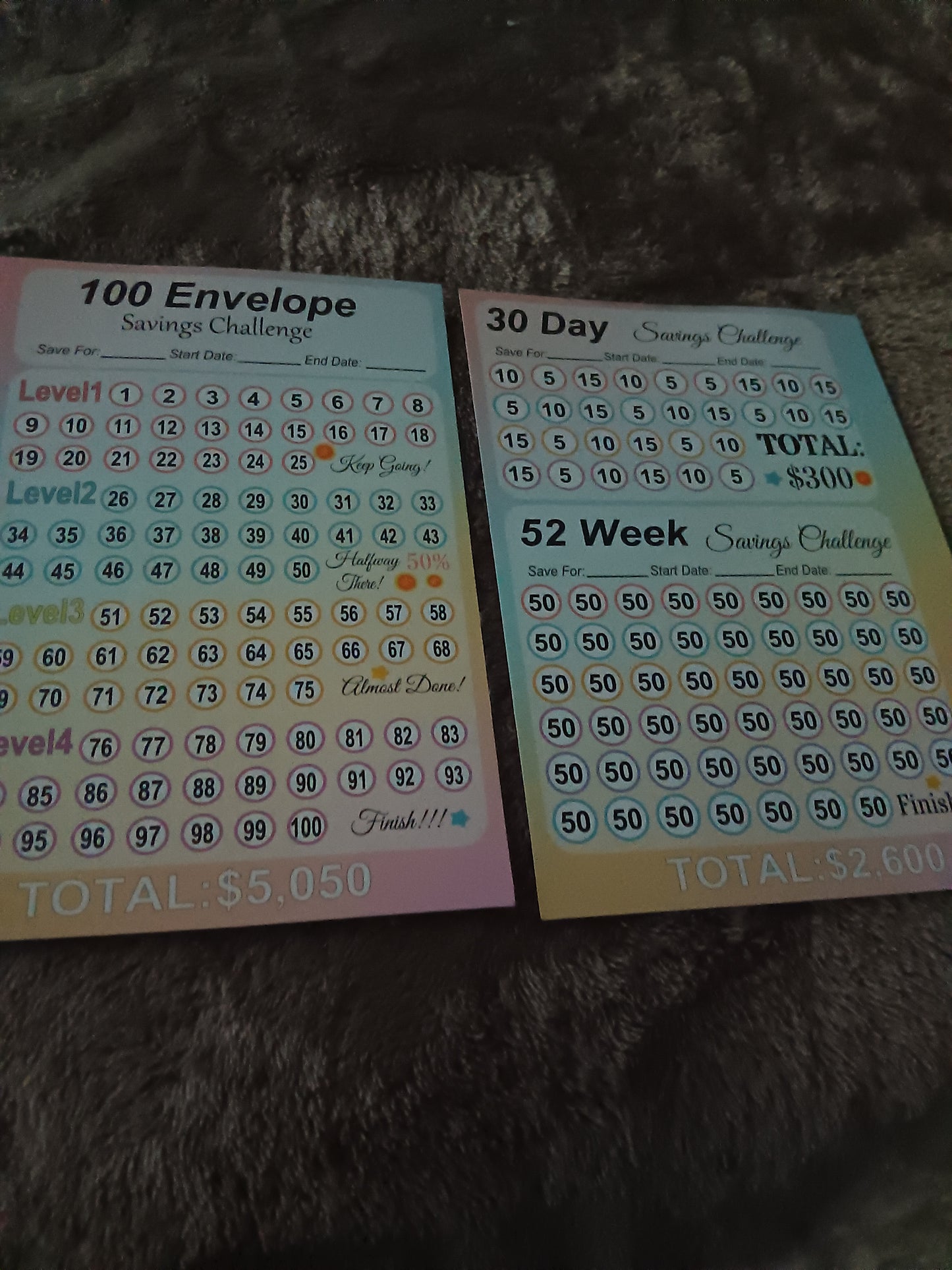 Triple Savings Challenge Card – 100 Envelope, 30 Day & 52 Week Challenge Double-Sided)