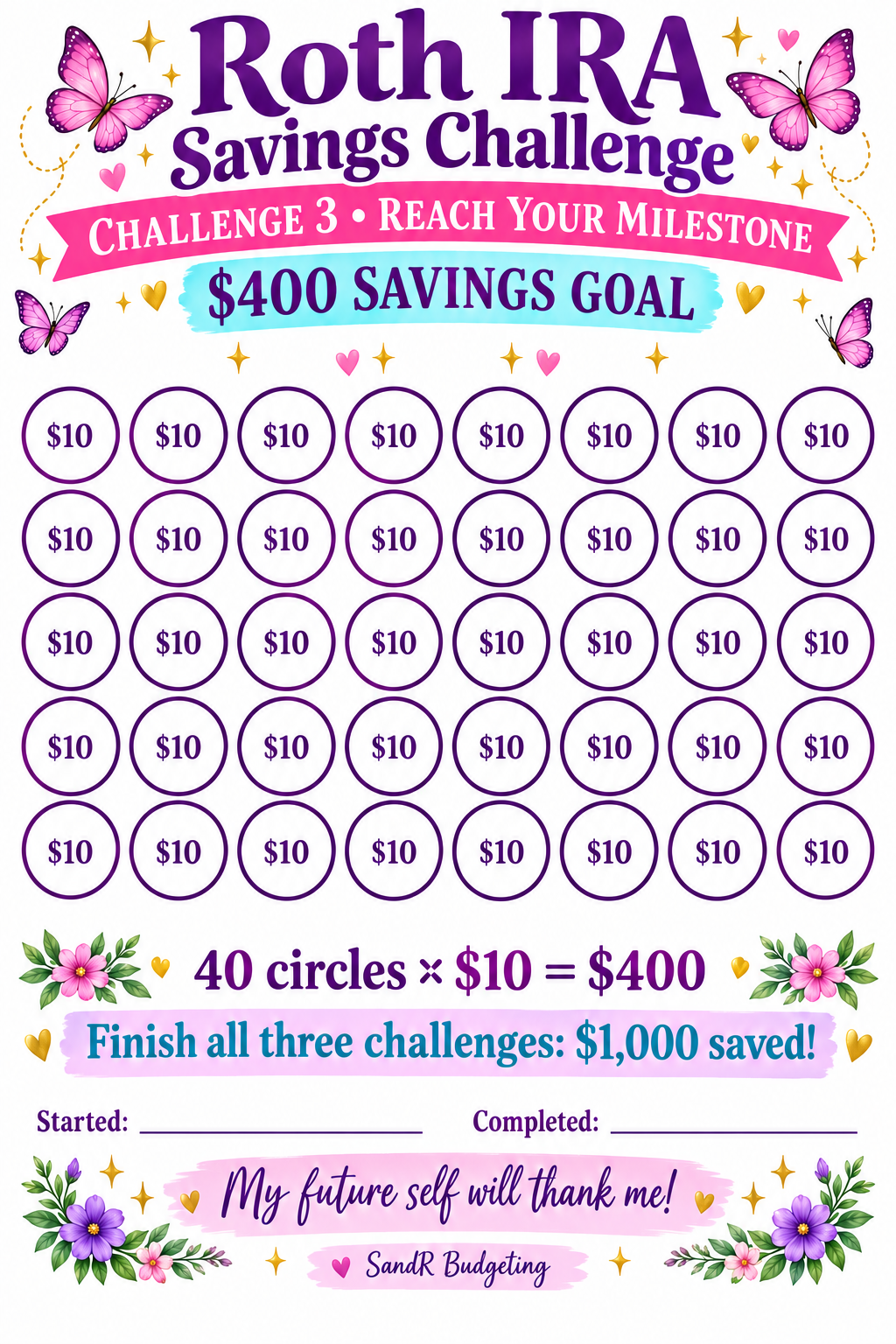 Roth IRA Savings Challenge: 3-Part Printable Bundle (Ten Dollars Steps)