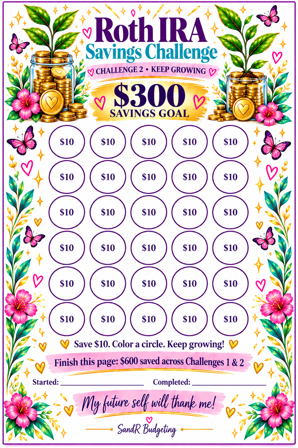 Roth IRA Savings Challenge: 3-Part Printable Bundle (Ten Dollars Steps)