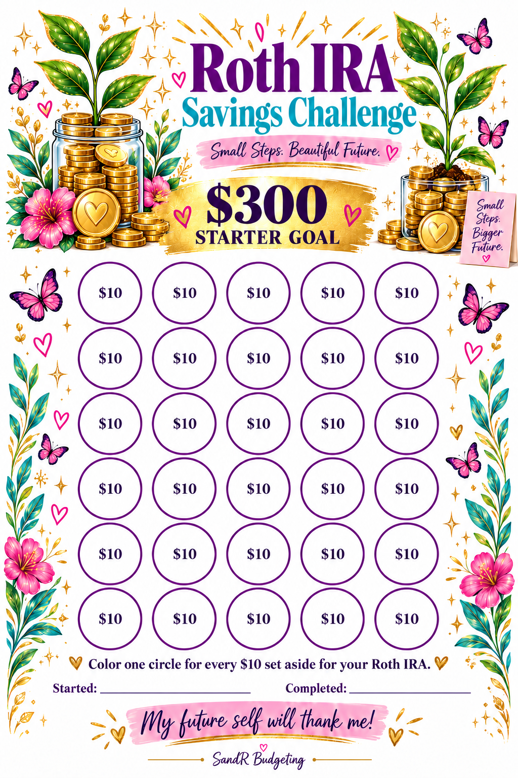 Roth IRA Savings Challenge: 3-Part Printable Bundle (Ten Dollars Steps)